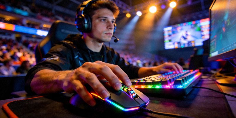 电竞选手在专业比赛场馆内专注操作键盘鼠标的特写